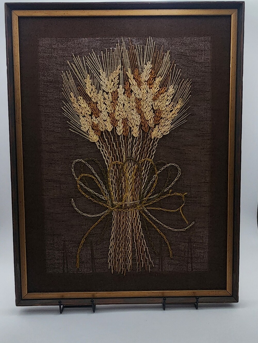 Vintage MCM Hand-Stitched Needlepoint1970s Sheaf Wheat Design Artwork Framed